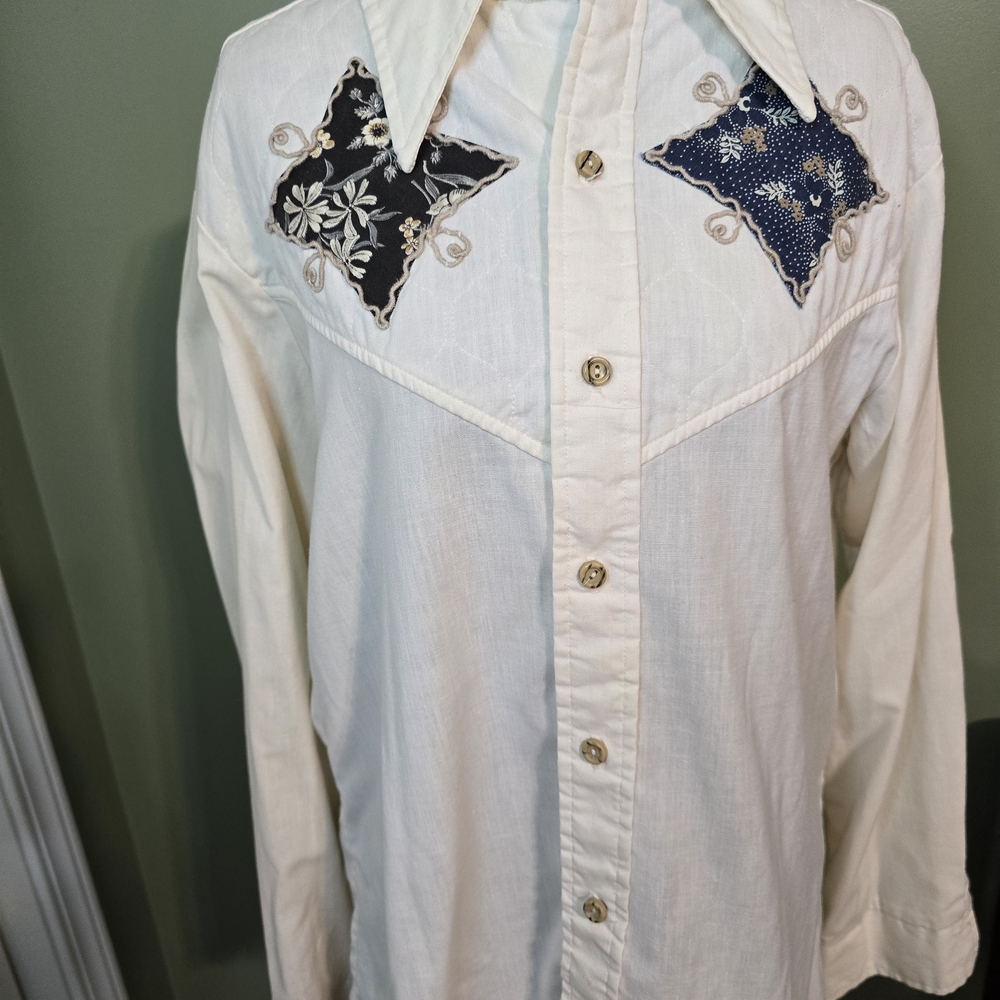 Men's Ivory Button-Down Shirt with Navy Accents